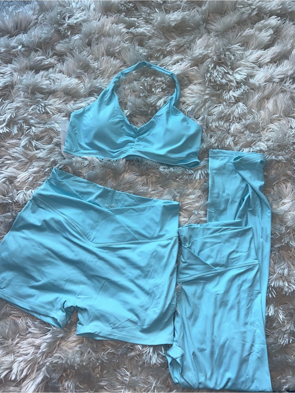 Aqua Blue Three-Piece Active Set — Bra, Snatched Shorts, Snatched Leggings